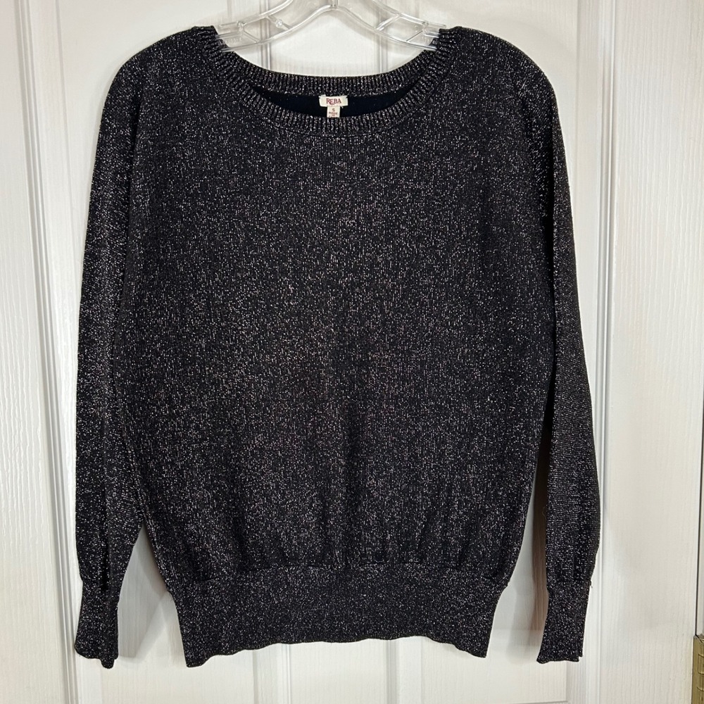 Reba Black Sparkle Knit Sweater‎ Long Sleeve Crew Neck Womens Size S